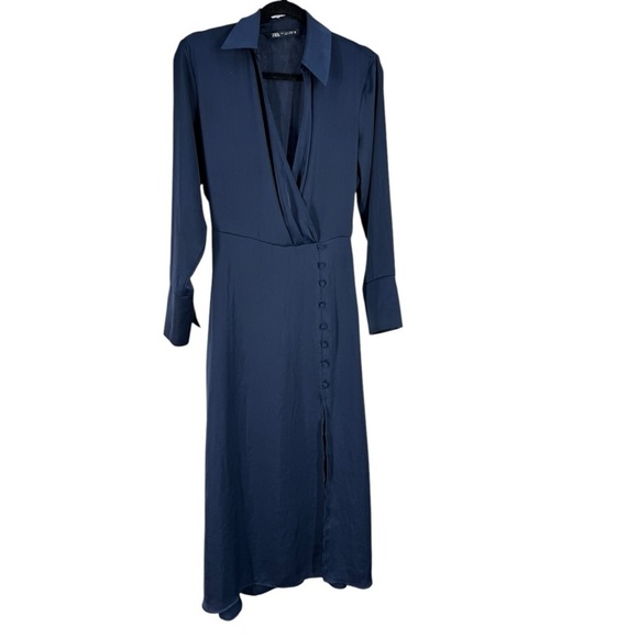 Zara Navy Satin Midi Faux Wrap Dress Button Slit Long Sleeve Navy Blue small - Picture 3 of 8